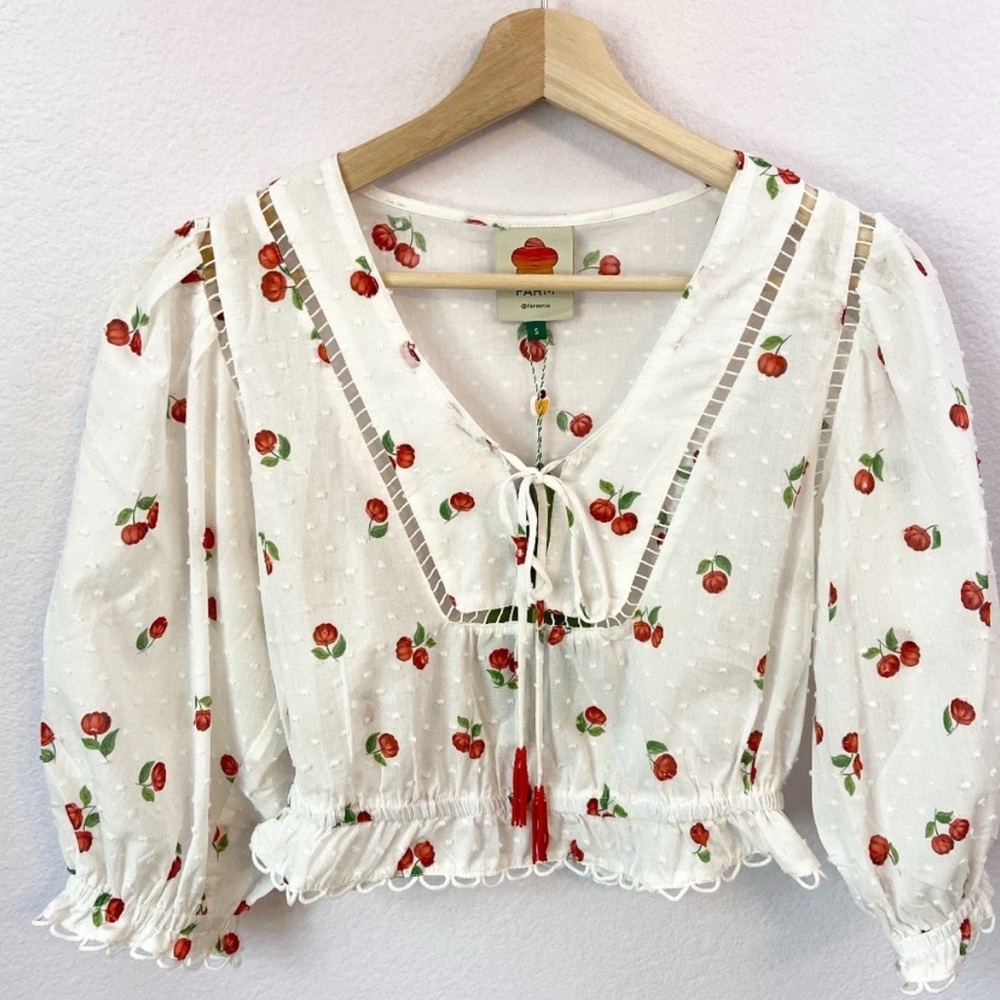 Farm Rio Mini Pitanga Tie Neck Blouse In White